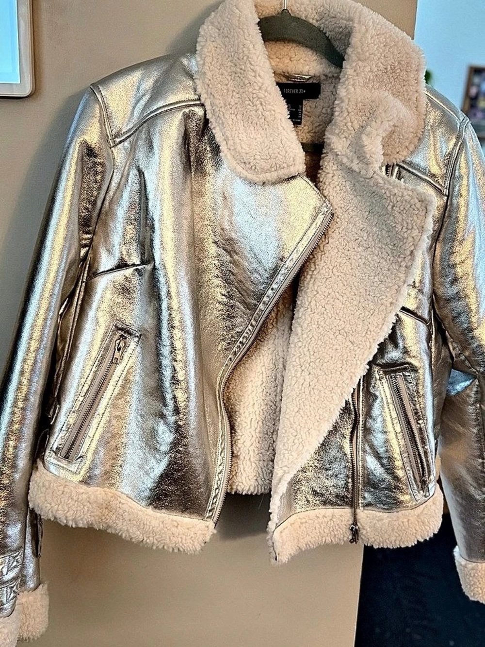 Forever 21 Metallic Sherpa Trim Biker Jacket 1X